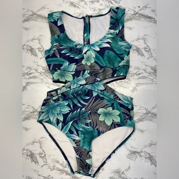 Floral Tropical Green One-Piece Swimsuit side cutouts Size Large - Picture 11 of 11